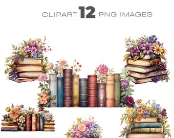 Aquarell Blumen Stapel Bücher Clipart Bündel, Bibliothek, Bücherstapel Blumen Clipart, Wildblumen Clipart