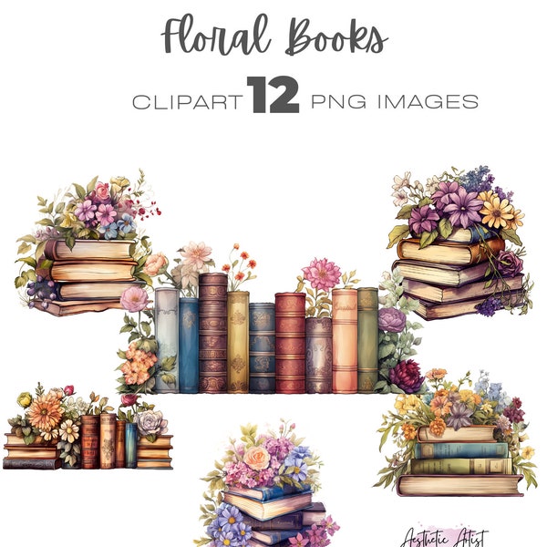 Watercolour Floral Stack of Books clipart bundle, Library, Book Stack floral clipart, wild flower clipart