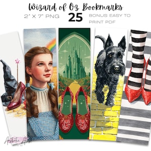 May include: A set of 25 Wizard of Oz bookmarks in 2 inch by 7 inch PNG format with a bonus PDF. Designs include a black witch hat, red glitter heels, a girl with brown braids, the Emerald City, a black terrier, and black and white striped socks.