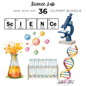 Könnte beinhalten: Ein digitales Clipart-Paket mit dem Titel Science Lab, das Aquarellillustrationen eines Mikroskops, eines DNA-Strangs, eines Reagenzglasgestells, eines sprudelnden Kolbens, einer Molekülstruktur und Periodensystem-Elementen enthält, die das Wort SCIENCE bilden.