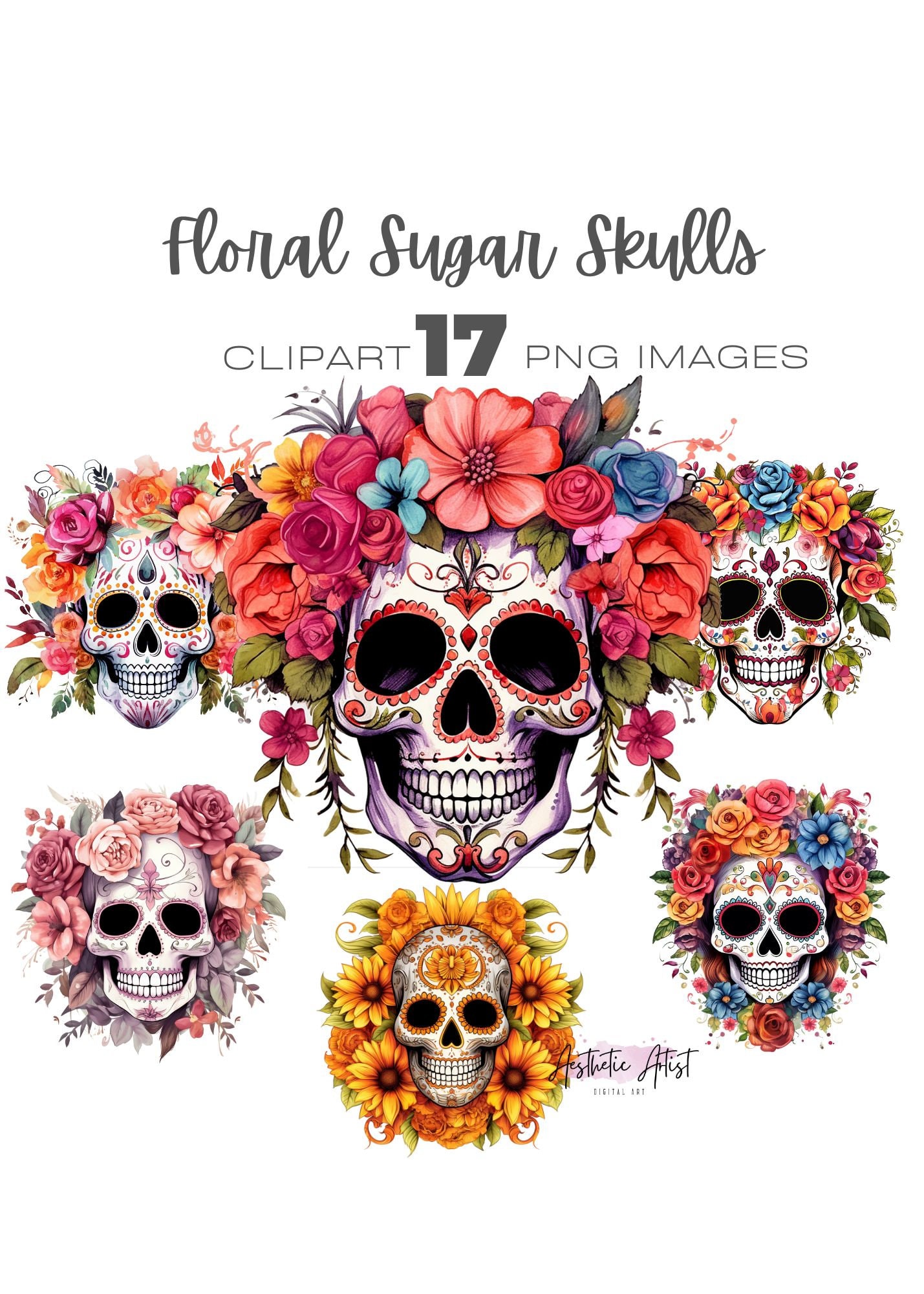 Floral Sugar Skull Clipart, Day of the Dead Png, Dia De Los Muertos ...