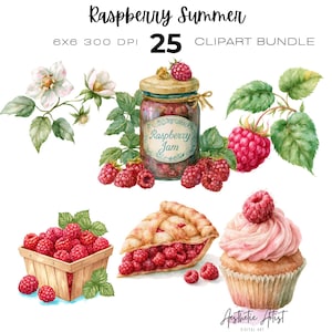 May include: A digital clipart bundle titled Raspberry Summer featuring watercolour illustrations of raspberry jam in a glass jar, a wooden basket of fresh raspberries, a slice of raspberry pie, a cupcake with pink frosting, and raspberry blossoms.