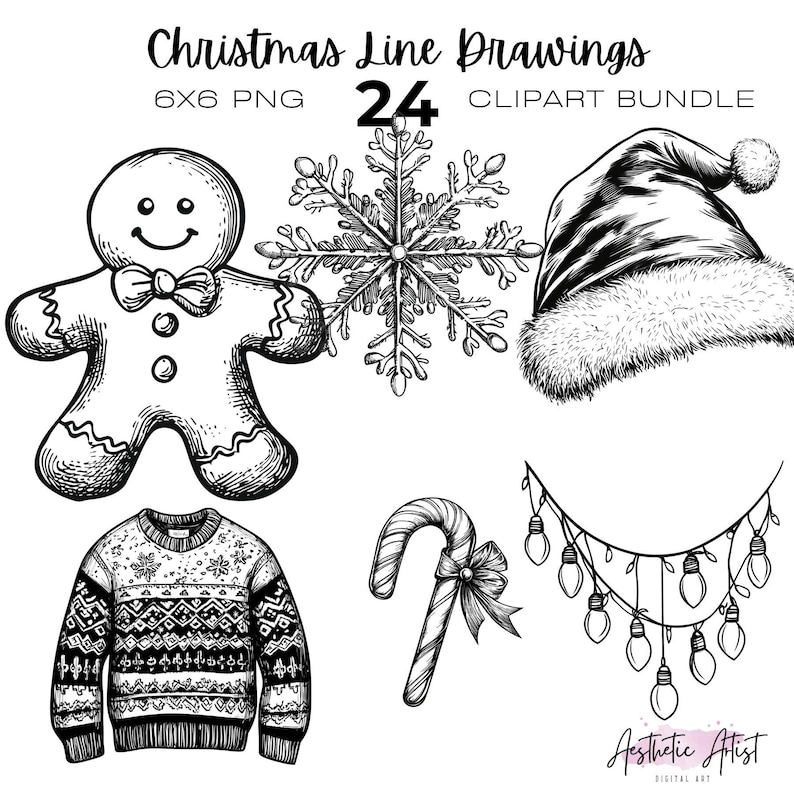 Christmas Line Drawings Clipart, Xmas Png, Holiday Black and White ...