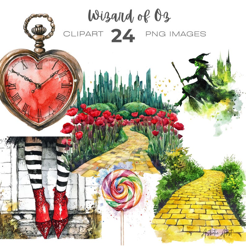 May include: A set of 24 digital watercolor illustrations featuring characters and objects from the Wizard of Oz. The images include a red heart-shaped pocket watch, a yellow brick road, a lollipop, a witch flying on a broomstick, and a pair of red shoes with black and white striped stockings.