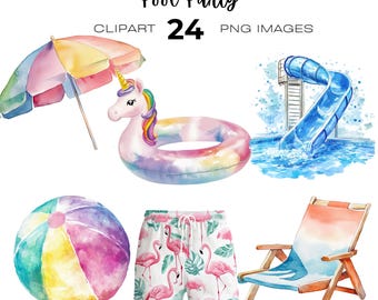 Aquarel Pool Party clipart bundel, zwemmen, zomervakantie clipart, zomer zwembad clipart, achtertuin, zwembad clipart