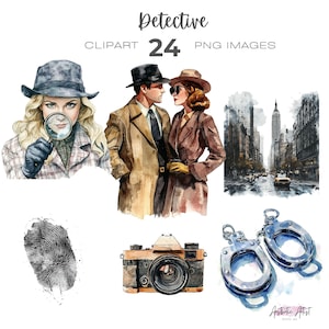 May include: A set of 24 detective-themed clipart images, illustrated in watercolour. The set includes a woman with a magnifying glass, a man and woman in trench coats, a vintage camera, handcuffs, and a cityscape.