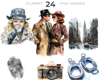 Watercolour Detective Clipart, Mystery Graphics, 1940s Film Noir Png Instant Download, Private Eye, Clues, Sherlock Holmes