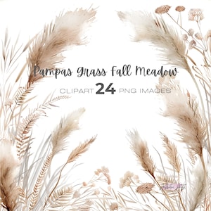 Op de afbeelding: Een digitale illustratie van 24 aquarel-stijl pampasgras en bloemstengels in beige en bruine tinten. De tekst "Pampas Grass Fall Meadow CLIPART 24 PNG IMAGES" is opgenomen in de afbeelding.