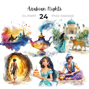 Pode incluir: Um conjunto de 24 imagens de clipart digitais que representam personagens e cenas de As mil e uma noites. As imagens est&atilde;o em um estilo de aquarela e incluem uma l&acirc;mpada de g&ecirc;nio, uma princesa, um pr&iacute;ncipe, um tigre e um pal&aacute;cio.