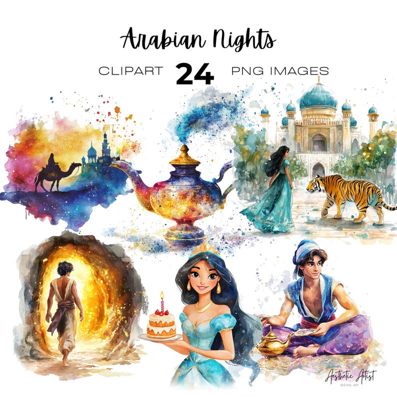 Pode incluir: Um conjunto de 24 imagens de clipart digitais que representam personagens e cenas de As mil e uma noites. As imagens est&atilde;o em um estilo de aquarela e incluem uma l&acirc;mpada de g&ecirc;nio, uma princesa, um pr&iacute;ncipe, um tigre e um pal&aacute;cio.