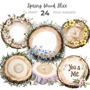 以下が含まれることがあります： 春の花が咲いた木の切り株のウォーターカラーイラスト24点セット。木の切り株は様々なサイズと形があり、花はピンク、ブルー、イエロー、ホワイトなど様々な色合いです。木の切り株の1つに「You & Me」の文字が書かれています。