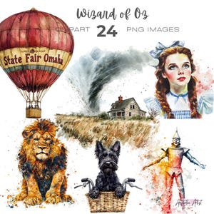 May include: A watercolor illustration of scenes from the Wizard of Oz. The image includes a hot air balloon, a tornado, a house, Dorothy, the Cowardly Lion, the Tin Man, Toto the dog, and the Wicked Witch of the West.