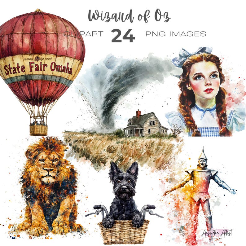 May include: A watercolor illustration of scenes from the Wizard of Oz. The image includes a hot air balloon, a tornado, a house, Dorothy, the Cowardly Lion, the Tin Man, Toto the dog, and the Wicked Witch of the West.