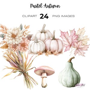 Puede incluir: Conjunto de imágenes prediseñadas de acuarela titulado "Pastel Autumn" con 24 imágenes PNG. Las imágenes incluyen calabazas blancas y rosas, hojas de otoño, flores, trigo, una seta y una calabaza verde. El texto "Pastel Autumn" está en la parte superior.