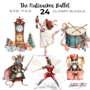 Könnte beinhalten: Ein Aquarell-Clipart-Bundle mit dem Titel "The Nutcracker Ballet" mit 24 PNG-Bildern. Die Bilder zeigen eine Ballerina, einen Nussknacker, eine Uhr, eine Trommel, eine Maus und einen Soldaten, alle im festlichen, weihnachtlichen Thema.