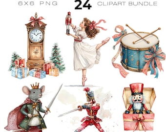 Könnte beinhalten: Ein Aquarell-Clipart-Bundle mit dem Titel "The Nutcracker Ballet" mit 24 PNG-Bildern. Die Bilder zeigen eine Ballerina, einen Nussknacker, eine Uhr, eine Trommel, eine Maus und einen Soldaten, alle im festlichen, weihnachtlichen Thema.