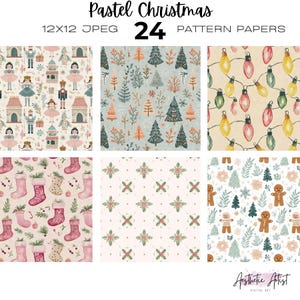 Puede incluir: Una colección de 24 papeles estampados navideños en tonos pastel. Los diseños incluyen ilustraciones de cascanueces, árboles de Navidad, calcetines y hombres de jengibre. El texto "Pastel Christmas" y "Aesthetic Artist" son visibles.