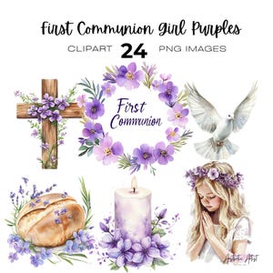 Aquarell Mädchen erste Kommunion Purples Clipart, religiös, Lila Blumen Png Sofortiger Download, Erstkommunion, Mädchen beten, Kreuz