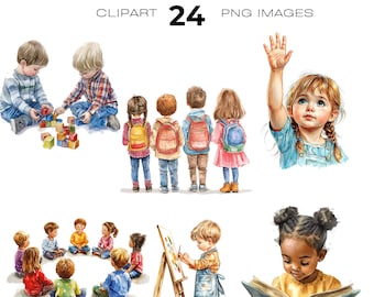 Paquete de imágenes prediseñadas de acuarela para niños en edad preescolar, imágenes prediseñadas de niños lindos, imágenes prediseñadas de niños escolares, imágenes prediseñadas de niños leyendo