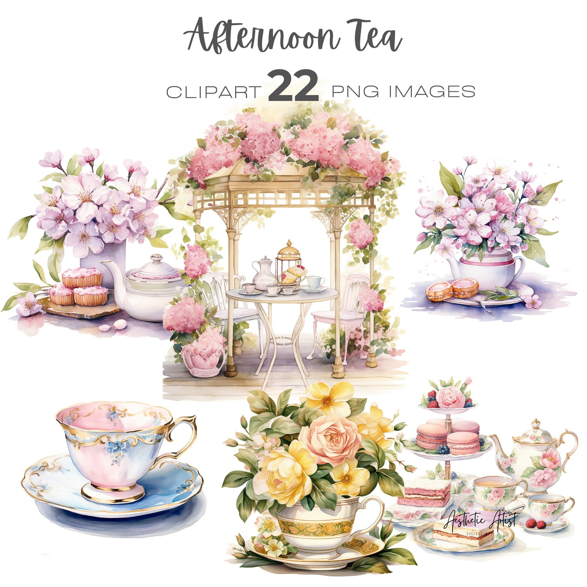 Watercolour Floral Afternoon Tea Clipart Bundle, Cottagecore Tea Party ...