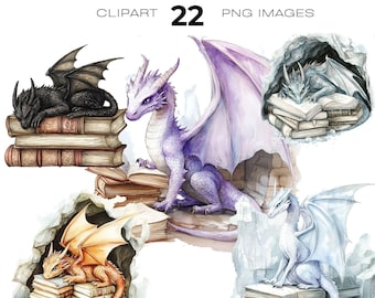 May include: A set of 22 digital clipart images featuring watercolour illustrations of dragons curled up on stacks of books. The dragons are purple, blue, orange, and black.