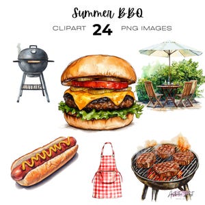 Summer BBQ Clipart, Picnic png, Backyard BBQ clip art, BBQ clipart, Watercolor Hamburger