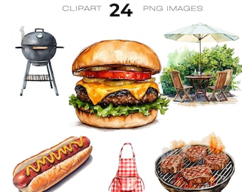 Summer BBQ Clipart, Picnic png, Backyard BBQ clip art, BBQ clipart, Watercolor Hamburger