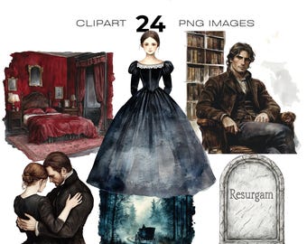 Watercolor Jane Eyre Clipart, Classic Story, Thornfield Hall, Mr. Rochester, Victorian Era