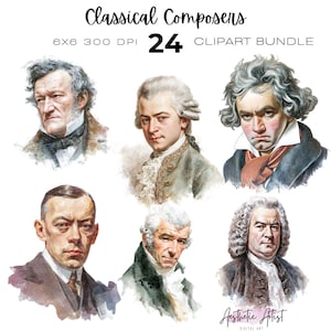 Op de afbeelding: Waterverfportretten van zes klassieke componisten. De afbeelding bevat de tekst "Classical Composers 24 Clipart Bundle" en "Aesthetic Artist Digital Art". De portretten zijn in tinten bruin, grijs en wit.