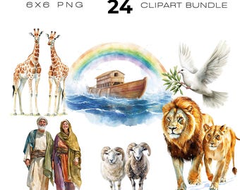 Könnte beinhalten: Ein digitales Clipart-Bundle mit dem Titel "Noah's Ark" mit Aquarellillustrationen. Das Bild zeigt einen Regenbogen, eine Arche, Giraffen, Löwen, eine Taube mit einem Olivenzweig, ein Paar und Schafe. Der Text lautet "6x6 PNG 24 CLIPART BUNDLE".