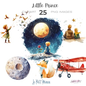 Clipart de El Principito en acuarela, cuento de hadas, clipart de El pequeño piloto, tema del príncipe, clipart de niño, acuarela de niño, clipart de El Principito