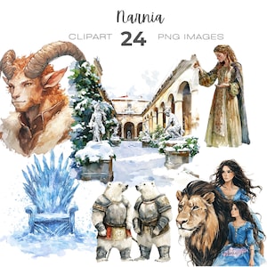 K&ouml;nnte beinhalten: Ein Set mit 24 digitalen Illustrationen mit Charakteren und Szenen aus der Narnia-Reihe. Die Illustrationen sind im Aquarellstil gehalten und zeigen einen L&ouml;wen, einen Faun, einen wei&szlig;en Hirsch, eine verschneite Landschaft und ein Schloss.