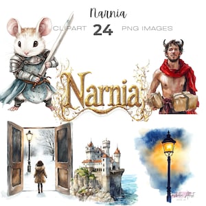 Può includere: Un set di 24 immagini PNG di arte digitale che rappresentano personaggi e scene della serie Narnia. Il set include un topo in armatura, un uomo con le corna, un castello e un lampione.