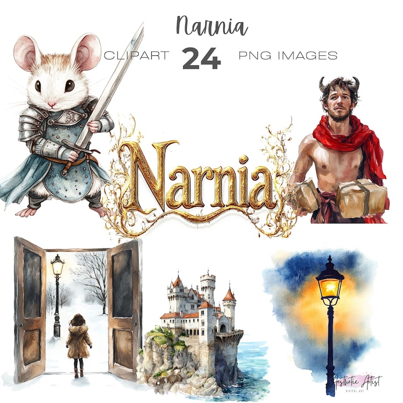K&ouml;nnte beinhalten: Ein digitales Kunstset mit 24 PNG-Bildern, die Charaktere und Szenen aus der Narnia-Serie zeigen. Das Set enth&auml;lt eine Maus in R&uuml;stung, einen Mann mit H&ouml;rnern, ein Schloss und einen Laternenpfahl.