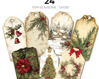 May include: Vintage holiday tags with various Christmas-themed illustrations. The tags feature images of bells, a church in the snow, a Christmas tree, and wreaths. The text "Vintage Holiday Tags 24 Ephemera Tags" is displayed at the top.