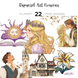 Puede incluir: Conjunto de arte digital titulado "Rapunzel Art Nouveau" con ilustraciones de Rapunzel, un príncipe, un sol, una flor y un edificio. El conjunto incluye 22 imágenes PNG. El estilo artístico recuerda al Art Nouveau.