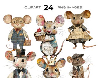 Watercolour Mixed Media Mice Clipart, Whimsical Junk Journal Mouse, Anthropomorphic Mice, Fairy Tale Clipart