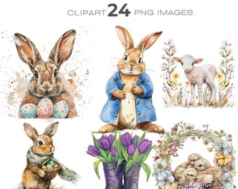 Akvarell vårpåsk clipart bunt, påskägg, kanin blommig clipart, lamm clipart