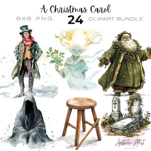 May include: Watercolor clipart bundle featuring illustrations from "A Christmas Carol." Includes images of characters like Scrooge, the Ghost of Christmas Past, and the Ghost of Christmas Present, along with a wooden stool and tombstones. The text "A Christmas Carol 24 Clipart Bundle" is visible.