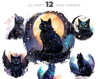 May include: A set of 12 digital clipart images featuring black cats in various poses against a starry night sky background. The images include a black cat sitting on a moon, a black cat with wings, and a black cat with a crescent moon behind it. The images are perfect for adding a touch of magic and whimsy to your projects.