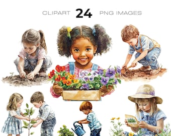Watercolour Garden Kids clipart bundle, Cute Kids, Arbor Day clipart, Farmer Kids clipart