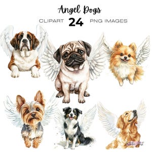 Puede incluir: Un conjunto de clipart digital de 24 ilustraciones de acuarela de perros con alas de ángel. Los perros son de varias razas y poses, incluyendo un San Bernardo, un pug, un Pomerania, un Yorkshire Terrier, un Border Collie y un Golden Retriever. Las alas son blancas y plumosas, y los perros miran todos hacia arriba con expresiones dulces.