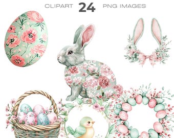 Watercolour Easter Chinoiseries Clipart bundle, Easter Egg, watercolor Easter animals clipart, Mint and Pink, Floral Easter