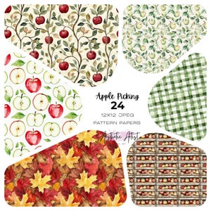 Könnte beinhalten: Eine Sammlung von 24 Aquarell-Mustern mit dem Thema Apfelpflücken. Die Designs umfassen Äpfel an Zweigen, Apfelscheiben, Herbstblätter und Apfelkisten. Der Text "Apple Picking 24" ist ebenfalls sichtbar.