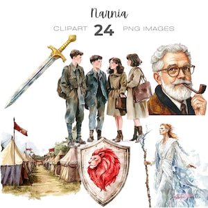 K&ouml;nnte beinhalten: Aquarell-Illustration von Figuren aus dem Buch "Die Chroniken von Narnia" mit dem Titel "Narnia 24 PNG Bilder" und einem Schwert, einem L&ouml;wen-Schild, einem Lager und einer wei&szlig;en Figur mit einem Stab.