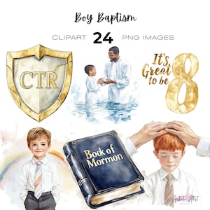 May include: Watercolor clipart set titled "Boy Baptism" featuring illustrations of baptism, a shield with "CTR", a "Book of Mormon", and the text "It's Great to be". Includes 24 PNG images.