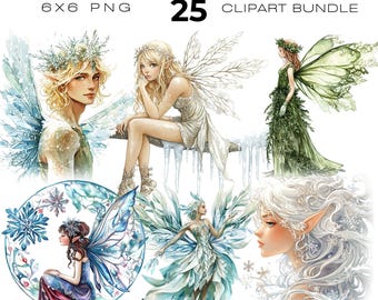 Watercolour Winter Fairies clipart bundle, Fantasy Characters, Snowflake Fairy clipart, Snow fairy clipart