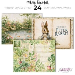 May include: A collection of 24 Peter Rabbit junk journal pages in 11x8.5 inch format. The digital art features watercolor illustrations of a rabbit, a garden pond with flowers, and lined stationery with vegetable garden motifs and text.