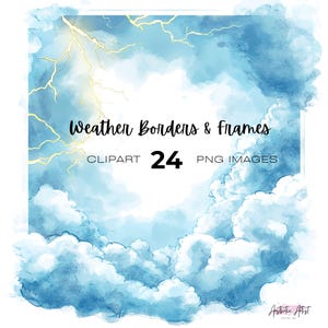 Watercolour Weather Frames and Borders clipart bundle, Thunderstorm, Rainy day clipart, Cloud Borders clipart