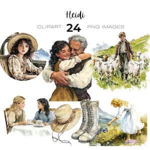 Imágenes prediseñadas de Heidi en acuarela, cuento clásico infantil, Clara, montañas suizas, imágenes prediseñadas de libros